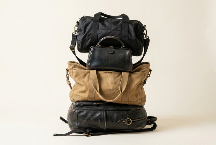 A stack of pre-loved bags: duffel, leather handbag, canvas tote and leather backpack